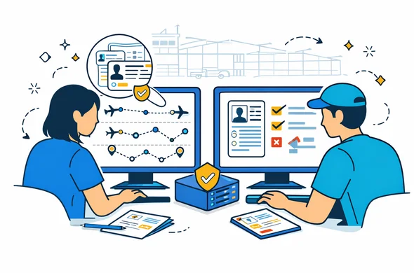 Modern flat vector illustration of a digital visa office system checking a complex flight itinerary against visa rules, deep blue and turquoise interface with small yellow highlights, abstract faceless staff reviewing documents on screens, calm efficient atmosphere, minimalist light background with faint outline of a generic airport terminal, 2D style, clean lines, not photorealistic Modern flat vector illustration of a digital visa office system checking a complex flight itinerary against visa rules, deep blue and turquoise interface with small yellow highlights, abstract faceless staff reviewing documents on screens, calm efficient atmosphere, minimalist light background with faint outline of a generic airport terminal, 2D style, clean lines, not photorealistic