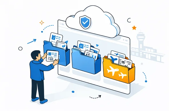 Semi flat isometric illustration of cloud storage interface for travel documents, abstract character organizing visa approvals boarding passes and flight tickets into folders, deep blue and turquoise with soft yellow accent, modern secure technology feeling, minimalist white and light grey background with faint outline of an airport terminal building