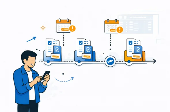 Flat vector illustration of a horizontal timeline showing repeat trips and visa renewals, abstract character checking reminders on smartphone while digital system highlights expiry dates, deep blue and turquoise with soft yellow accent, calm organized atmosphere, minimalist white and light grey background with faint outline of a departure board