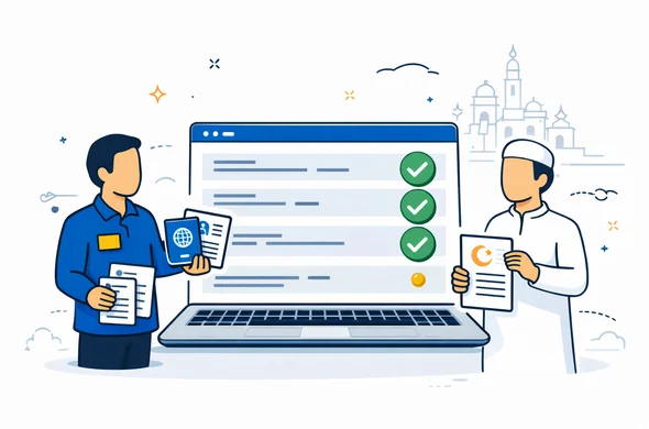 Flat vector illustration of a travel agent and a religious group organizer standing next to a large laptop screen showing a visa management dashboard with group status bars and checkmarks, abstract faceless characters with neutral skin tones holding passports and documents, deep blue and turquoise primary colors with subtle yellow accent, calm and efficient mood, minimalist white and grey background with a faint outline of a generic old city skyline, modern tech 2D style, not photorealistic