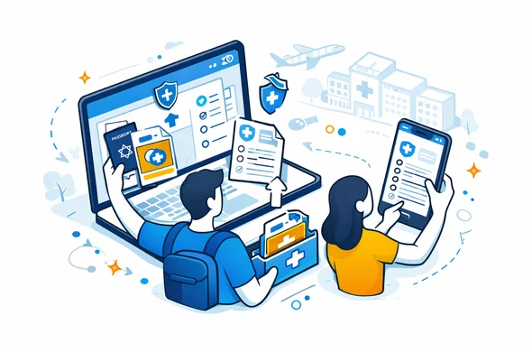 Semi-flat isometric vector illustration of a modern digital dashboard processing a medical visa application, abstract faceless characters uploading documents and reviewing forms on a laptop and smartphone, deep blue and turquoise brand colors with soft yellow accents, calm and efficient atmosphere, minimalist white background with faint outline of hospital buildings and an airplane, tech-focused style