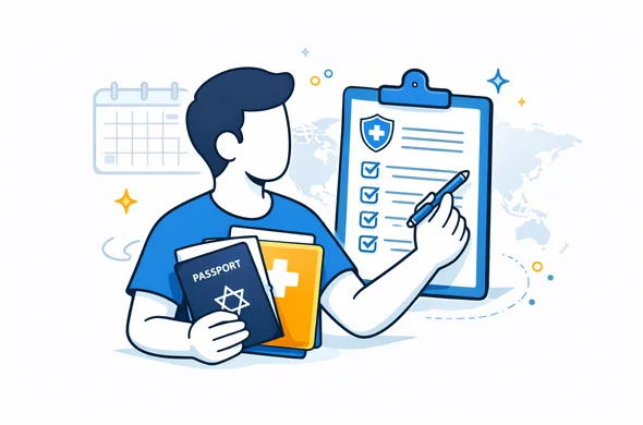 Flat 2D vector illustration of an abstract character checking off a medical visa document checklist, holding a passport and medical file, deep blue and turquoise primary colors with soft yellow accent, calm organized atmosphere, minimalist grey-white background with faint outline of a calendar and world map, modern clean infographic style