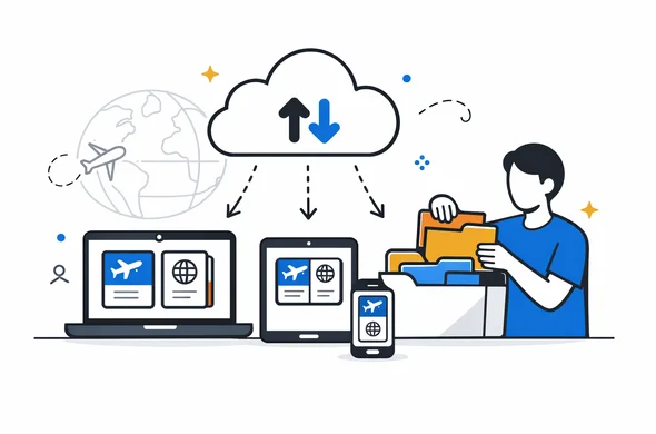 Flat vector illustration of cloud storage and multiple synchronized devices showing visa pdf files and boarding passes, deep blue and turquoise user interface with subtle yellow and blue accent folders, abstract faceless person organizing travel document folders, calm efficient and safe feeling, minimalist white and grey background with faint outline of globe and flight path icons
