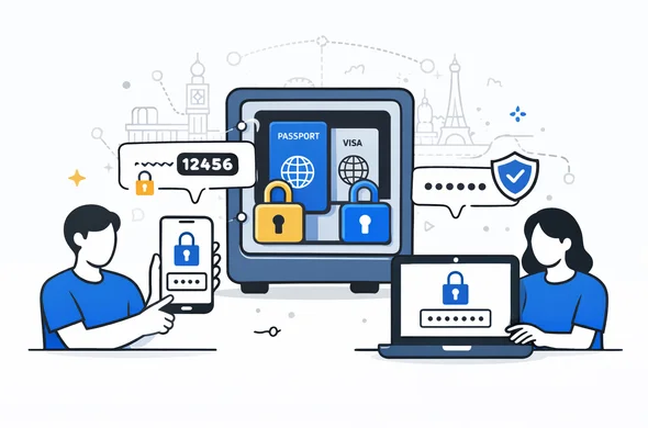 Semi flat vector illustration of secure digital vault for passport and visa data, deep blue and turquoise interface with soft yellow and blue accent locks, abstract faceless characters enabling two factor authentication on a phone and laptop, calm organized cyber security atmosphere, minimalist light grey background with faint outline of network nodes and global landmarks