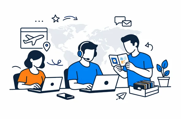 Flat vector illustration of a modern digital support center for an online visa office called Aid-Air, abstract faceless characters working on laptops and checking passports, deep blue and turquoise primary colors with subtle purple accent for a global hub, calm efficient atmosphere, minimalist white and grey background with a faint outline of a world map, isometric tech style Flat vector illustration of a modern digital support center for an online visa office called Aid-Air, abstract faceless characters working on laptops and checking passports, deep blue and turquoise primary colors with subtle purple accent for a global hub, calm efficient atmosphere, minimalist white and grey background with a faint outline of a world map, isometric tech style