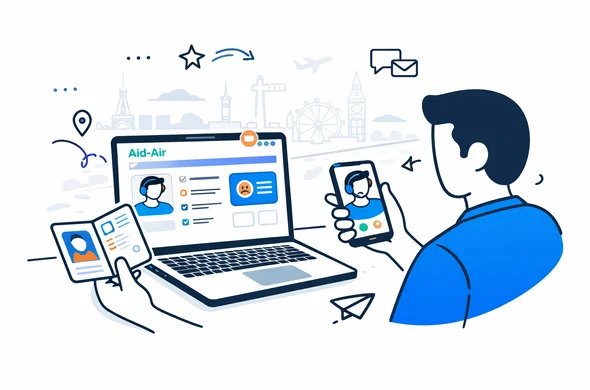 Semi flat 2D vector illustration of a customer contacting an online visa support team on laptop and smartphone, Aid-Air style interface visible on the screen, deep blue and turquoise primary colors with subtle purple accent for a global hub, abstract faceless characters holding a passport and a phone, calm and organized atmosphere, minimalist white and grey background with a faint skyline of global landmarks, modern tech look Semi flat 2D vector illustration of a customer contacting an online visa support team on laptop and smartphone, Aid-Air style interface visible on the screen, deep blue and turquoise primary colors with subtle purple accent for a global hub, abstract faceless characters holding a passport and a phone, calm and organized atmosphere, minimalist white and grey background with a faint skyline of global landmarks, modern tech look