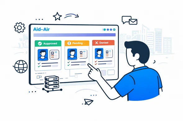 Flat vector illustration of a visa expert reviewing digital applications in an automated system for Aid-Air, abstract faceless character pointing at a status dashboard, deep blue and turquoise primary colors with subtle purple accent representing a global hub, calm efficient and safe atmosphere, minimalist white and grey background with a faint outline of modern office buildings, isometric tech style Flat vector illustration of a visa expert reviewing digital applications in an automated system for Aid-Air, abstract faceless character pointing at a status dashboard, deep blue and turquoise primary colors with subtle purple accent representing a global hub, calm efficient and safe atmosphere, minimalist white and grey background with a faint outline of modern office buildings, isometric tech style