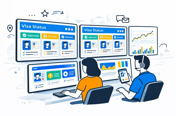 Semi-flat vector illustration of support specialists monitoring multiple visa status dashboards on large screens, deep blue and turquoise interface, yellow and blue accent graphs, faceless abstract characters in a modern control room, minimalist white and light grey background with subtle outlines of various world landmarks, clean tech feel, 2D perspective