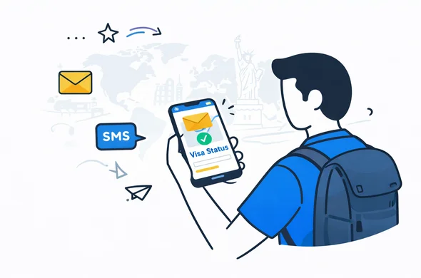 Flat 2D vector illustration of a traveler holding a smartphone and viewing an email with visa status update, deep blue and turquoise interface elements, yellow and blue accent icons for email and SMS, faceless abstract character, minimalist white background with subtle outline of a world map and several landmarks, calm and efficient atmosphere
