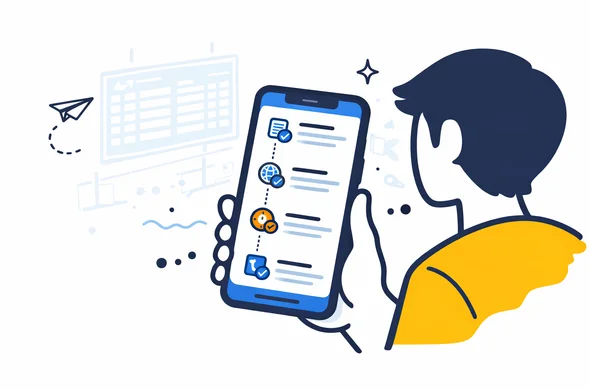 Semi flat vector illustration of a smartphone showing a visa application status timeline inside a digital visa personal area, deep blue and turquoise user interface, global hub accent colors, abstract faceless character checking updates, icons for completed and pending steps, calm and organized mood, minimalist white background with a faint outline of an airport departure board, modern 2D tech style Semi flat vector illustration of a smartphone showing a visa application status timeline inside a digital visa personal area, deep blue and turquoise user interface, global hub accent colors, abstract faceless character checking updates, icons for completed and pending steps, calm and organized mood, minimalist white background with a faint outline of an airport departure board, modern 2D tech style