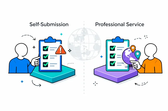 Flat vector illustration, clean lines, isometric 2D comparison board split into two columns self submission vs professional service, deep blue and turquoise palette, accent soft violet for global hub, abstract faceless characters pointing at checklist and warning icons, minimalist white grey background with faint globe silhouette, calm safe organized feel