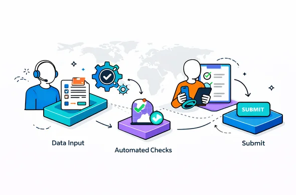 Semi-flat vector illustration, modern tech automation plus human expert review, isometric 2D scene with a flowchart: data input, automated checks, human QA stamp, submit button, deep blue and turquoise palette, accent soft violet for global hub, abstract faceless character with headset and another with tablet, minimalist background with faint airplane and world map outline, calm efficient safe mood