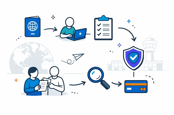 Flat or semi-flat vector illustration, modern tech feel, clean lines, isometric flowchart showing how to choose an online visa service: icons of passport, laptop, checklist, shield, magnifying glass, and a simple payment card icon. Abstract faceless neutral characters reviewing documents. Color palette: deep blue and turquoise primary (Aid-Air brand) with hub accent color in purple highlights. Minimal white/grey background with a faint outline silhouette of a globe/world map and a subtle airport terminal or control tower outline. Calm, organized, efficient, safe atmosphere. No photorealism, no text.