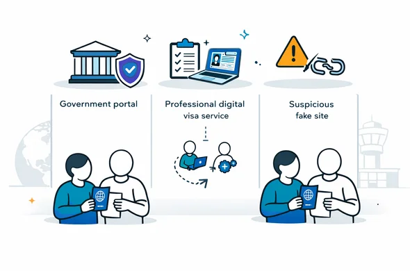 Flat vector illustration, clean lines, modern tech feel, 2D or isometric comparison scene with three columns/cards: (1) official government portal represented by a simple government building icon and a secure badge, (2) professional digital visa service represented by a laptop, checklist, and human+automation icons, (3) suspicious fake site represented by a warning triangle and broken link icon. Abstract faceless neutral characters holding passports and documents. Color palette deep blue and turquoise with hub accent purple highlights. Minimal white/grey background with faint globe outline silhouette and subtle airport control tower outline. Calm, organized, safe. Not photorealistic, no text.