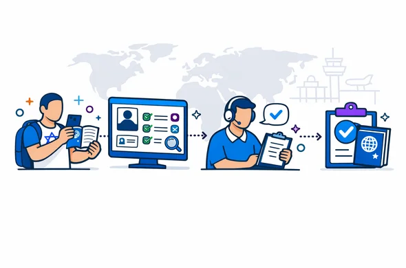 Flat or semi-flat vector illustration with clean lines, modern tech feel, isometric layout. Scene: a calm global travel hub workflow roadmap from left to right: Israeli traveler uploads passport and documents on a phone, an automated verification dashboard highlights checks, an expert reviewer approves, and a final visa approval icon appears. Abstract faceless characters with neutral skin tones holding documents and passports. Color palette: deep blue and turquoise primary (Aid-Air brand), accent color vibrant purple for hub category. Background: minimalist white and light grey with a faint world map silhouette and subtle airport hub icon outline. Atmosphere: organized, efficient, safe, calm. Not photorealistic. Flat or semi-flat vector illustration with clean lines, modern tech feel, isometric layout. Scene: a calm global travel hub workflow roadmap from left to right: Israeli traveler uploads passport and documents on a phone, an automated verification dashboard highlights checks, an expert reviewer approves, and a final visa approval icon appears. Abstract faceless characters with neutral skin tones holding documents and passports. Color palette: deep blue and turquoise primary (Aid-Air brand), accent color vibrant purple for hub category. Background: minimalist white and light grey with a faint world map silhouette and subtle airport hub icon outline. Atmosphere: organized, efficient, safe, calm. Not photorealistic.