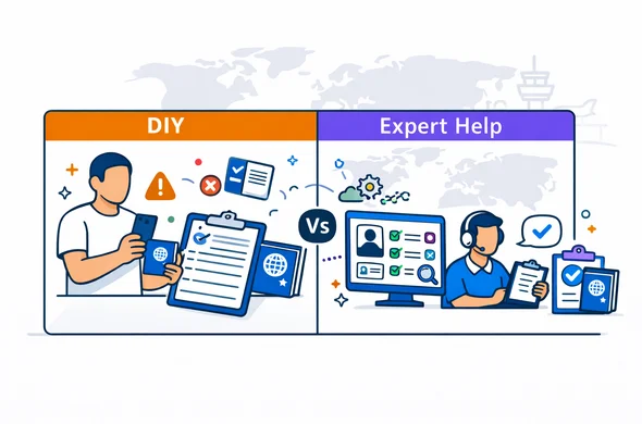 Flat or semi-flat vector illustration, modern tech style, clean lines, 2D or isometric. Scene: split-screen comparison dashboard labeled DIY vs Expert Help, with checkmarks and warning icons, abstract faceless characters holding passports and documents, one side showing a single user filling an official form, the other side showing a coordinated team workflow with automation and human review. Color palette: deep blue and turquoise primary, accent color vibrant purple for hub. Background: minimalist white and grey with a faint outline of an airport terminal silhouette and subtle world map. Calm, efficient, safe mood. Not photorealistic. Flat or semi-flat vector illustration, modern tech style, clean lines, 2D or isometric. Scene: split-screen comparison dashboard labeled DIY vs Expert Help, with checkmarks and warning icons, abstract faceless characters holding passports and documents, one side showing a single user filling an official form, the other side showing a coordinated team workflow with automation and human review. Color palette: deep blue and turquoise primary, accent color vibrant purple for hub. Background: minimalist white and grey with a faint outline of an airport terminal silhouette and subtle world map. Calm, efficient, safe mood. Not photorealistic.