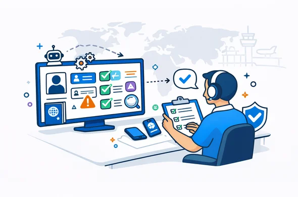 Semi-flat vector isometric illustration, clean modern tech feel. Scene: a human expert at a desk reviewing a visa application checklist while an AI automation dashboard on a large screen flags inconsistencies and validates documents. Abstract faceless characters with neutral skin tones, documents, passport, smartphone, and a secure shield icon representing safety. Color palette: deep blue and turquoise primary, accent color vibrant purple for hub. Background: minimalist white and light grey with a faint globe silhouette and subtle airport hub outline. Calm, organized, efficient atmosphere. Not photorealistic. Semi-flat vector isometric illustration, clean modern tech feel. Scene: a human expert at a desk reviewing a visa application checklist while an AI automation dashboard on a large screen flags inconsistencies and validates documents. Abstract faceless characters with neutral skin tones, documents, passport, smartphone, and a secure shield icon representing safety. Color palette: deep blue and turquoise primary, accent color vibrant purple for hub. Background: minimalist white and light grey with a faint globe silhouette and subtle airport hub outline. Calm, organized, efficient atmosphere. Not photorealistic.