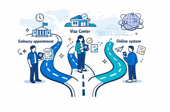 Flat semi-vector tech illustration, clean lines, modern isometric style. A three-lane roadmap showing: Embassy appointment, Visa Center, Online system. Faceless neutral characters holding passports and phones, small document icons, checkmarks, clock icons. Primary palette deep blue and turquoise (Aid-Air brand), accent color for HUB/global: soft violet. Minimal white/grey background with faint world map grid silhouette and subtle airport terminal outline. Calm, organized, efficient atmosphere, no photorealism.