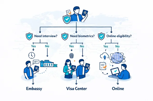 Isometric flat vector decision tree infographic. Nodes: Need interview? Need biometrics? Online eligibility? Outputs: Embassy, Visa Center, Online. Faceless neutral characters with passports and documents, checklists, arrows, and shield icons. Deep blue and turquoise primary palette, HUB/global accent soft violet. Minimal light grey background with faint world map silhouette. Calm, organized, safe, modern tech feel.