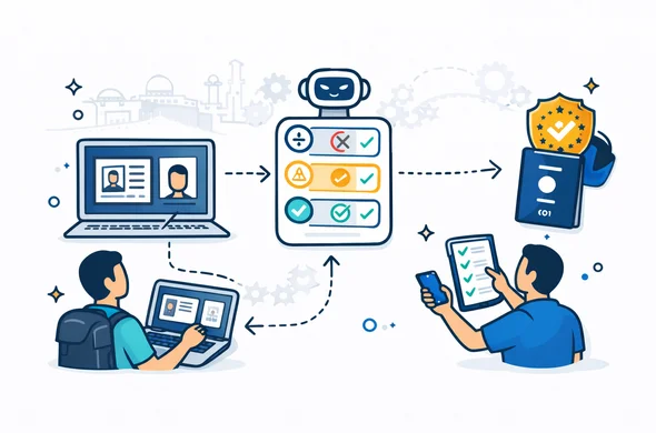 Isometric flat vector illustration of an end-to-end digital visa application workflow. Scene: user uploads passport scan and photo on a laptop; an AI validation module highlights errors and checkmarks; a human expert reviews a checklist on a tablet; a final approved travel authorization badge appears linked to the passport. Abstract faceless neutral characters holding documents and a smartphone. Primary colors deep blue and turquoise. Accent color golden yellow for a global travel hub theme. Background minimalist white and light grey with a faint outline of the Jerusalem skyline and subtle automation gear pattern. Atmosphere calm, efficient, safe. No readable text, no logos, not photorealistic. Isometric flat vector illustration of an end-to-end digital visa application workflow. Scene: user uploads passport scan and photo on a laptop; an AI validation module highlights errors and checkmarks; a human expert reviews a checklist on a tablet; a final approved travel authorization badge appears linked to the passport. Abstract faceless neutral characters holding documents and a smartphone. Primary colors deep blue and turquoise. Accent color golden yellow for a global travel hub theme. Background minimalist white and light grey with a faint outline of the Jerusalem skyline and subtle automation gear pattern. Atmosphere calm, efficient, safe. No readable text, no logos, not photorealistic.