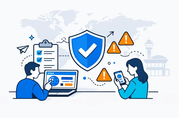 Flat or semi-flat vector illustration, modern tech feel, clean lines, isometric 2D. Deep blue and turquoise palette with a subtle violet accent for a global hub theme. Abstract faceless characters reviewing a visa website on laptop and phone, large shield icon, checklist, warning triangle icons. Calm organized atmosphere. Minimalist light grey background with a faint world map outline and subtle airport terminal silhouette. No photorealism.