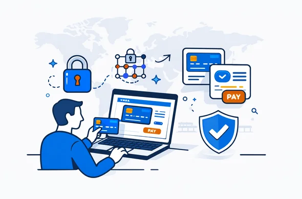 Flat semi-flat vector illustration, clean lines, modern fintech vibe, isometric 2D. Deep blue and turquoise palette with subtle violet accent. Abstract faceless character paying online on a laptop, floating lock and encryption icons, secure payment gateway UI cards, shield badge, calm organized atmosphere. Minimalist light grey background with faint world map outline. No photorealism.