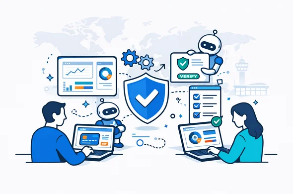 Flat or semi-flat vector illustration, clean lines, modern tech operations feel, isometric 2D. Deep blue and turquoise palette with subtle violet accent. Abstract faceless analysts and automation bots working together: dashboards, gear icons, document verification stamps, shield and checklist. Calm organized efficient atmosphere. Minimalist light grey background with faint world map outline and subtle airport control tower silhouette. No photorealism.
