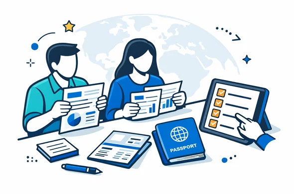 Flat or semi-flat vector illustration, modern tech feel, clean lines, isometric desk scene. Abstract faceless characters reviewing visa financial documents: a bank statement, payslips, passport, and a checklist on a tablet. Primary palette deep blue and turquoise (Aid-Air brand), accent color for HUB: golden yellow highlights on buttons and checkmarks. Calm, organized, efficient atmosphere. Minimal white/grey background with a faint outline of a globe/world map silhouette. No photorealism, no text, no logos.