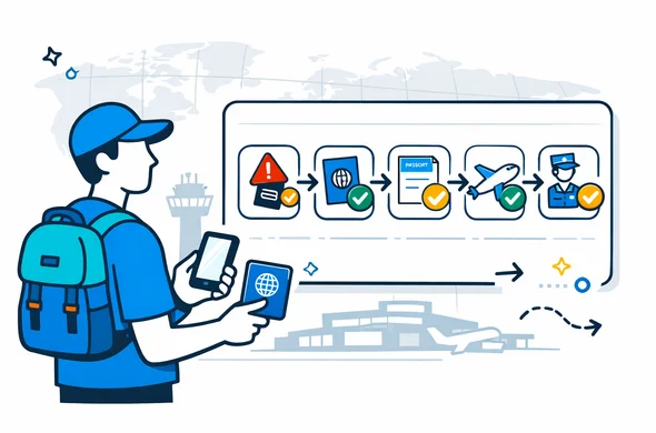 Flat vector isometric illustration, deep blue and turquoise Aid-Air brand palette with electric yellow accent (global hub theme). Abstract faceless traveler holding a passport and smartphone. A clean UI dashboard shows a step by step roadmap with icons: lost passport alert, new passport issuance, visa update or reissue, airline check, border approval. Minimal white and light grey background with a faint silhouette of a busy international airport hub, control tower, and subtle world map grid. Calm organized safe atmosphere, clean lines, semi flat vector, not photorealistic. Flat vector isometric illustration, deep blue and turquoise Aid-Air brand palette with electric yellow accent (global hub theme). Abstract faceless traveler holding a passport and smartphone. A clean UI dashboard shows a step by step roadmap with icons: lost passport alert, new passport issuance, visa update or reissue, airline check, border approval. Minimal white and light grey background with a faint silhouette of a busy international airport hub, control tower, and subtle world map grid. Calm organized safe atmosphere, clean lines, semi flat vector, not photorealistic.