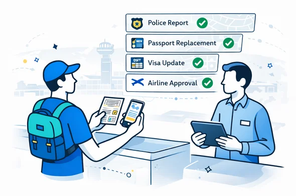 Flat vector isometric illustration, deep blue and turquoise Aid-Air brand palette with electric yellow accent (global hub theme). Abstract faceless traveler at an airport service counter, holding a temporary travel document and smartphone. A calm expert helper stands nearby with a tablet. Floating UI panels show an automated checklist: police report, passport replacement, visa update, airline approval. Minimal white and light grey background with faint airport hub silhouette and world map grid. Clean lines, modern tech feel, safe and organized atmosphere, not photorealistic. Flat vector isometric illustration, deep blue and turquoise Aid-Air brand palette with electric yellow accent (global hub theme). Abstract faceless traveler at an airport service counter, holding a temporary travel document and smartphone. A calm expert helper stands nearby with a tablet. Floating UI panels show an automated checklist: police report, passport replacement, visa update, airline approval. Minimal white and light grey background with faint airport hub silhouette and world map grid. Clean lines, modern tech feel, safe and organized atmosphere, not photorealistic.