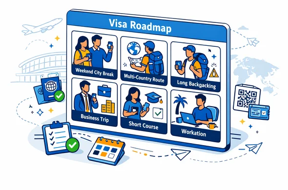 Flat or semi-flat vector illustration with clean lines and a modern tech feel, isometric 2D. Primary palette deep blue and turquoise (Aid-Air brand) with vibrant yellow accent (hub destination). Scene: a digital travel planning dashboard titled Visa Roadmap, showing six tiles for trip types: weekend city break, multi-country route, long backpacking, business trip, short course, workation. Abstract faceless characters with neutral skin tones holding passports and smartphones, small icons of visa stamps, QR codes, checkmarks, and calendar days. Atmosphere calm, organized, efficient, safe. Minimal white and light grey background with a faint silhouette outline of a global airport terminal and a subtle world map with flight path lines. No photorealism, no detailed faces, no text heavy elements, vector style.