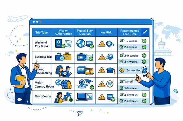Clean flat vector infographic, semi-flat style, modern tech UI. Deep blue and turquoise primary palette with vibrant yellow accent (hub destination). Scene: a large comparison table visual on a floating screen, columns: trip type, visa or authorization, typical stay duration, key risk, recommended lead time. Abstract faceless characters pointing and discussing, one holding a document folder, another holding a phone with a QR code. Minimal white and light grey background with a faint world map silhouette and a small airport control tower outline. Calm, organized, efficient atmosphere. Isometric 2D, clean lines, not photorealistic.