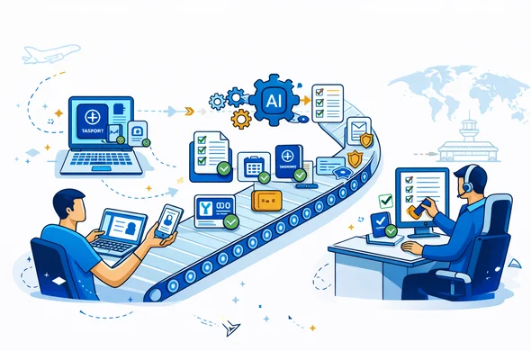 Isometric semi-flat vector illustration of a visa processing pipeline combining automation and human review. Deep blue and turquoise primary palette with vibrant yellow accent (hub destination). Left: traveler uploads passport scan and documents on a laptop and phone. Middle: automated validation modules with gears, AI chip icon, checklist checkmarks, calendar, and passport stamp icons flowing on a conveyor line. Right: human expert reviewer at a desk with headset, reviewing a checklist and approving with a digital stamp. Minimal white and light grey background with a faint global airport terminal silhouette and subtle world map outline. Calm, safe, organized mood, clean vector lines, no photorealism, no facial details.