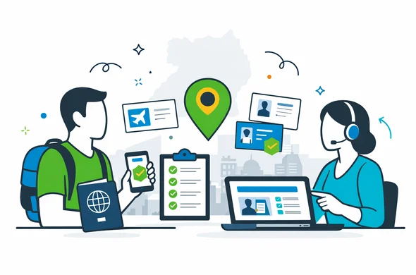 Flat or semi-flat vector illustration, clean lines, modern tech feel, 2D website hero scene. A faceless traveler and a digital visa advisor review Uganda entry options on a laptop and smartphone, with passport, checklist, map pin of Uganda, and document cards. Deep blue and turquoise Aid-Air palette with vivid green accent inspired by Uganda nature. Calm, organized, safe atmosphere. Minimal white and light grey background with a faint outline of Kampala skyline and subtle Uganda map silhouette. No photorealism, no detailed facial features, modern SaaS illustration.