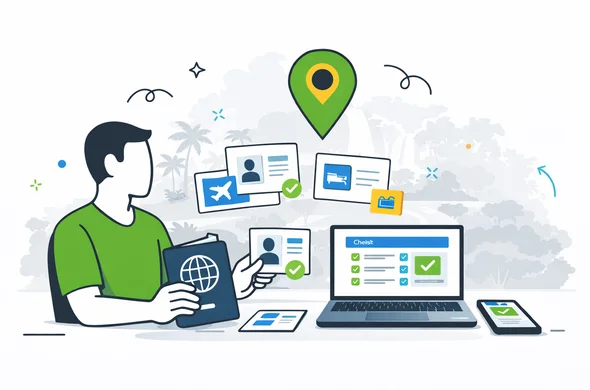 Semi-flat vector illustration, modern tech travel documentation scene. Faceless abstract traveler organizes passport copy, photo, flight details, accommodation note, and digital checklist for Uganda eVisa on a desk with laptop and phone. Deep blue and turquoise primary palette with vivid green destination accent. Calm, efficient, trustworthy atmosphere. Minimal white and pale grey background with faint outline of tropical landscape and subtle Murchison Falls silhouette. Clean lines, no photorealism, modern SaaS style.