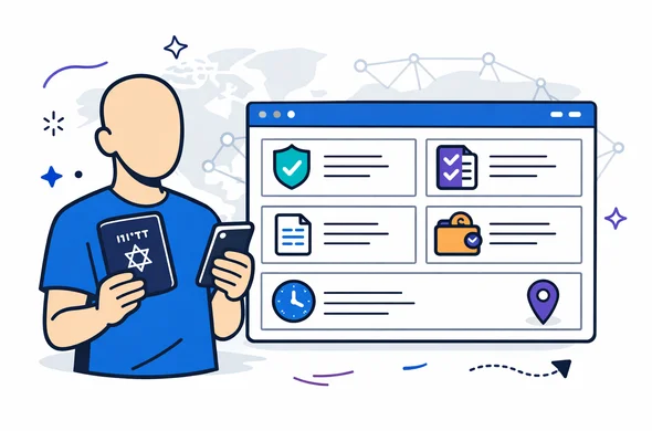 Flat or semi-flat vector illustration, clean lines, modern tech feel, isometric composition. A faceless abstract person (neutral skin tone, no facial features) holding an Israeli passport and a smartphone. Next to them is a large simplified official visa webpage UI with clear labeled blocks: Eligibility, Documents, Fees, Processing Time, Where to Apply. Include small icons (shield, checklist, clock, wallet, location pin) and a calm organized layout. Primary color palette deep blue and turquoise (Aid-Air brand) with electric purple accent (hub theme). Minimal white/soft grey background with a faint outline silhouette of a world map and subtle network hub nodes behind the UI. No photorealism, no text that looks like real government logos, safe and efficient atmosphere, high resolution vector style. Flat or semi-flat vector illustration, clean lines, modern tech feel, isometric composition. A faceless abstract person (neutral skin tone, no facial features) holding an Israeli passport and a smartphone. Next to them is a large simplified official visa webpage UI with clear labeled blocks: Eligibility, Documents, Fees, Processing Time, Where to Apply. Include small icons (shield, checklist, clock, wallet, location pin) and a calm organized layout. Primary color palette deep blue and turquoise (Aid-Air brand) with electric purple accent (hub theme). Minimal white/soft grey background with a faint outline silhouette of a world map and subtle network hub nodes behind the UI. No photorealism, no text that looks like real government logos, safe and efficient atmosphere, high resolution vector style.