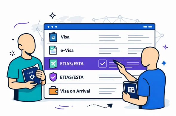 Clean 2D or isometric semi-flat vector illustration, modern product dashboard style. A comparison screen showing simple cards/icons for Visa, e-Visa, ETA/eTA, ETIAS/ESTA and Visa on Arrival. Faceless abstract characters point at the dashboard with a stylus and hold a passport folder. Use deep blue and turquoise as primary colors, with electric purple accents (hub theme) highlighting selected rows. Minimal white/grey background with a faint globe outline and network hub silhouette. Calm, organized, trustworthy mood, clean lines, no photorealism, no real flags or official emblems. Clean 2D or isometric semi-flat vector illustration, modern product dashboard style. A comparison screen showing simple cards/icons for Visa, e-Visa, ETA/eTA, ETIAS/ESTA and Visa on Arrival. Faceless abstract characters point at the dashboard with a stylus and hold a passport folder. Use deep blue and turquoise as primary colors, with electric purple accents (hub theme) highlighting selected rows. Minimal white/grey background with a faint globe outline and network hub silhouette. Calm, organized, trustworthy mood, clean lines, no photorealism, no real flags or official emblems.