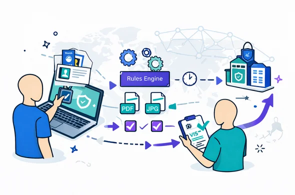 Flat isometric vector illustration of a streamlined visa application workflow pipeline. Left: a faceless abstract character uploads documents (passport scan, photo, bank statement) into a secure digital portal on a laptop. Middle: automation elements—gears, a rules engine box, validation checkmarks, file format icons (PDF/JPG), and a timeline clock. Right: a human expert reviewer with a clipboard approves, then a secure arrow submits to a generic government portal icon (no real logos). Deep blue and turquoise primary palette with electric purple accents (hub theme). Minimal white/soft grey background with faint world map and network node silhouette. Calm, efficient, safe atmosphere, clean modern lines, semi-flat vector style, not photorealistic. Flat isometric vector illustration of a streamlined visa application workflow pipeline. Left: a faceless abstract character uploads documents (passport scan, photo, bank statement) into a secure digital portal on a laptop. Middle: automation elements—gears, a rules engine box, validation checkmarks, file format icons (PDF/JPG), and a timeline clock. Right: a human expert reviewer with a clipboard approves, then a secure arrow submits to a generic government portal icon (no real logos). Deep blue and turquoise primary palette with electric purple accents (hub theme). Minimal white/soft grey background with faint world map and network node silhouette. Calm, efficient, safe atmosphere, clean modern lines, semi-flat vector style, not photorealistic.