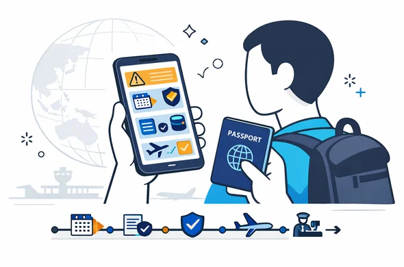 Flat vector illustration, modern tech isometric style. A faceless abstract traveler holds a passport and a smartphone. The smartphone shows a visa checklist dashboard with a passport expiry countdown, visa validity window, and flight dates. A clean timeline bar includes checkpoints: passport renewal, visa submission, approval, check-in, border control. Icons: calendar, shield, database, airplane, checkmarks, warning triangle. Primary colors deep blue and turquoise with warm yellow accent highlights. Minimal white and light grey background with a faint globe outline and subtle airport runway silhouette. Clean lines, calm organized atmosphere, no photorealism, no readable text, high resolution, 16:9. Flat vector illustration, modern tech isometric style. A faceless abstract traveler holds a passport and a smartphone. The smartphone shows a visa checklist dashboard with a passport expiry countdown, visa validity window, and flight dates. A clean timeline bar includes checkpoints: passport renewal, visa submission, approval, check-in, border control. Icons: calendar, shield, database, airplane, checkmarks, warning triangle. Primary colors deep blue and turquoise with warm yellow accent highlights. Minimal white and light grey background with a faint globe outline and subtle airport runway silhouette. Clean lines, calm organized atmosphere, no photorealism, no readable text, high resolution, 16:9.