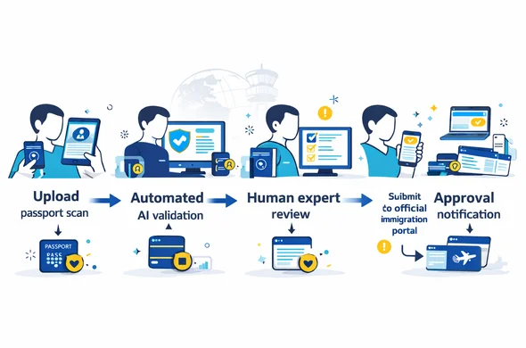 Flat vector isometric workflow illustration with connected steps and arrows: upload passport scan, automated AI validation, human expert review, submit to official immigration portal, receive approval notification, boarding pass ready. Faceless neutral characters interact with screens and documents. Icons: shield, database, checklist, calendar, airplane. Deep blue and turquoise primary colors with warm yellow accent for key checkpoints. Minimal white and light grey background with faint airport control tower and globe silhouette. Clean lines, calm organized atmosphere, no photorealism, no readable text, high resolution, 16:9. Flat vector isometric workflow illustration with connected steps and arrows: upload passport scan, automated AI validation, human expert review, submit to official immigration portal, receive approval notification, boarding pass ready. Faceless neutral characters interact with screens and documents. Icons: shield, database, checklist, calendar, airplane. Deep blue and turquoise primary colors with warm yellow accent for key checkpoints. Minimal white and light grey background with faint airport control tower and globe silhouette. Clean lines, calm organized atmosphere, no photorealism, no readable text, high resolution, 16:9.