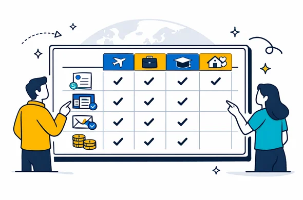 Semi-flat vector illustration, clean modern UI dashboard style. A comparison table interface showing different visa purposes (tourism, business, study, family) and required financial proof icons: bank statements, payslips, sponsor letter, savings. Primary deep blue and turquoise, HUB accent golden yellow for highlights and tabs. Abstract faceless characters pointing at the dashboard on a large screen. Minimal white/grey background with a faint globe/world map silhouette. Calm, organized, efficient, not photorealistic, no text, no logos.