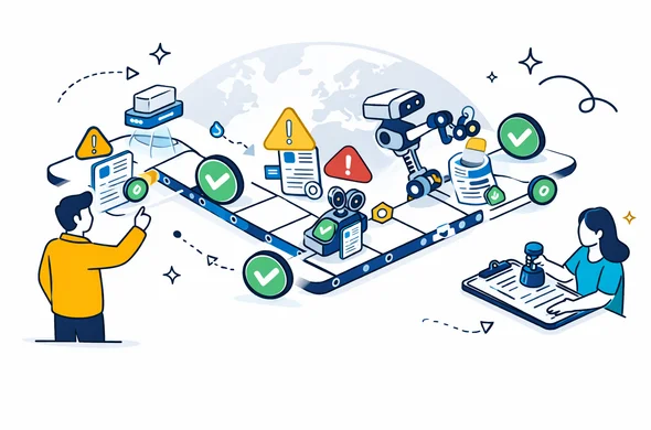 Flat vector illustration, isometric workflow pipeline. Abstract faceless characters and robotic automation elements reviewing and validating visa financial documents: scanning PDFs, checkmarks, anomaly detection icons, and a human expert approving with a stamp. Primary deep blue and turquoise, HUB accent golden yellow for key checkpoints. Minimal white/grey background with a faint globe/world map silhouette. Calm, safe, efficient atmosphere. Not photorealistic, no text, no logos.