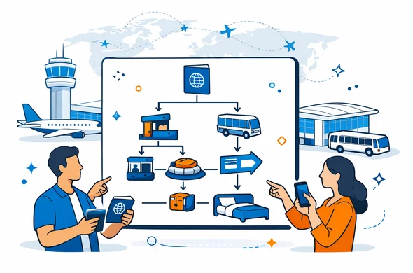 Flat or semi-flat vector illustration with clean lines and a modern tech feel, isometric airport hub scene. A large floating UI panel in the center shows a decision tree for transit visa checks using simple icons: passport, border control booth, baggage carousel, terminal shuttle, airport change sign, and hotel bed. Abstract faceless characters with neutral skin tones hold passports and smartphones and point at the flowchart. Deep blue and turquoise primary palette with warm amber accents. Calm, organized, safe atmosphere. Minimalist white and light grey background with a faint outline silhouette of an airport control tower and a world map with connecting flight arcs. No readable text, no logos, not photorealistic, crisp vector look, high resolution