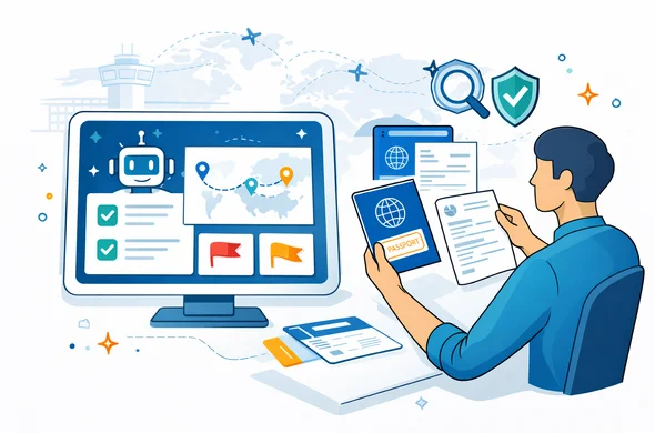Flat modern tech vector illustration, isometric workflow of transit and visa verification in a digital visa office. On the left, an AI dashboard shows a route map with nodes, checklist tiles, and risk flag icons. On the right, a human expert reviews a passport and itinerary with a magnifier icon and a security shield icon to represent human verification and safety. Abstract faceless characters with neutral skin tones. Deep blue and turquoise primary palette with warm amber accent. Calm organized safe atmosphere. Minimalist white and light grey background with faint silhouette of a global airport hub network and an airport control tower. No readable text, no logos, not photorealistic, crisp vector look, high resolution