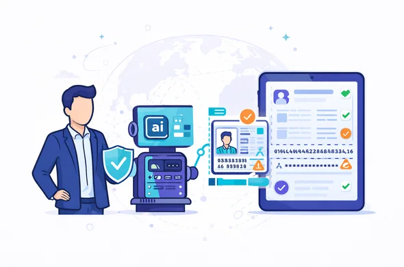 Semi-flat vector illustration with clean lines and modern tech feel. Deep blue and turquoise primary palette with a purple accent. Abstract faceless visa expert next to an AI automation module scanning a passport MRZ line and comparing it to a digital visa form on a tablet. Visual cues: checkmarks, warning triangles, data lines, and a secure shield icon. Minimal white and light-grey background with a faint world map silhouette. Calm, safe, efficient atmosphere. Vector style, no photorealism, no readable text, no logos. Semi-flat vector illustration with clean lines and modern tech feel. Deep blue and turquoise primary palette with a purple accent. Abstract faceless visa expert next to an AI automation module scanning a passport MRZ line and comparing it to a digital visa form on a tablet. Visual cues: checkmarks, warning triangles, data lines, and a secure shield icon. Minimal white and light-grey background with a faint world map silhouette. Calm, safe, efficient atmosphere. Vector style, no photorealism, no readable text, no logos.