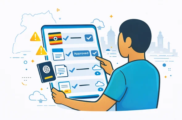 Flat semi flat vector illustration, modern travel compliance theme, deep blue and turquoise brand colors with Uganda accent yellow red black, abstract faceless character reviewing a digital checklist on a tablet, warning icons, passport, travel approval letter and clean uploaded files, subtle Uganda landmark or map outline in the background, minimalist white and gray space, calm efficient safe organized atmosphere, clean vector lines, not photorealistic