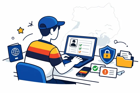Flat or semi-flat vector illustration, clean lines, modern tech feel, 2D or light isometric. Abstract faceless traveler sitting at a desk and starting a Uganda eVisa application on a laptop, with passport, smartphone, checklist cards, and secure document icons nearby. Primary colors deep blue and turquoise, accent details inspired by Uganda with red, yellow, and black highlights. Calm, organized, efficient, safe atmosphere. Minimal white and light grey background with a faint outline of the Uganda map and Lake Victoria shoreline. No photorealism, no text, no logos, no detailed facial features.