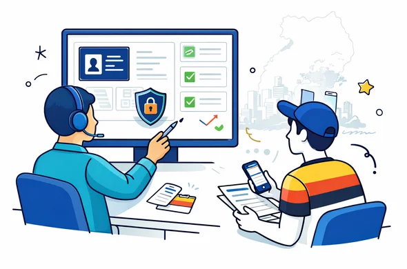 Flat or semi-flat vector illustration, clean lines, modern tech feel, modern SaaS style. Abstract faceless support specialist reviewing a Uganda eVisa case on a large screen with passport scan, checklist panels, document thumbnails, shield icon, and validation marks. Another faceless traveler sits nearby with phone and papers. Primary colors deep blue and turquoise, accent details inspired by Uganda with red, yellow, and black highlights. Calm, organized, efficient, safe atmosphere. Minimal white and light grey background with a faint outline of Kampala skyline and the Uganda map. No photorealism, no text, no logos, no distinct facial features.