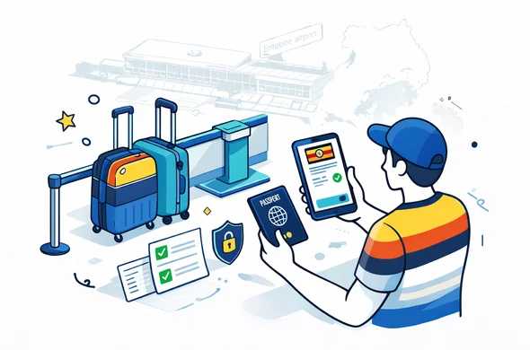 Flat or semi-flat vector illustration, clean lines, modern tech feel, isometric travel scene. Abstract faceless traveler at an airport-style check-in area holding passport and phone with a digital Uganda eVisa approval style card, while organized luggage and document icons appear nearby. Primary colors deep blue and turquoise, accent details inspired by Uganda with red, yellow, and black highlights. Calm, organized, efficient, safe atmosphere. Minimal white and light grey background with a faint outline of Entebbe airport terminal and the Uganda map silhouette. No photorealism, no text, no logos, no detailed facial features.