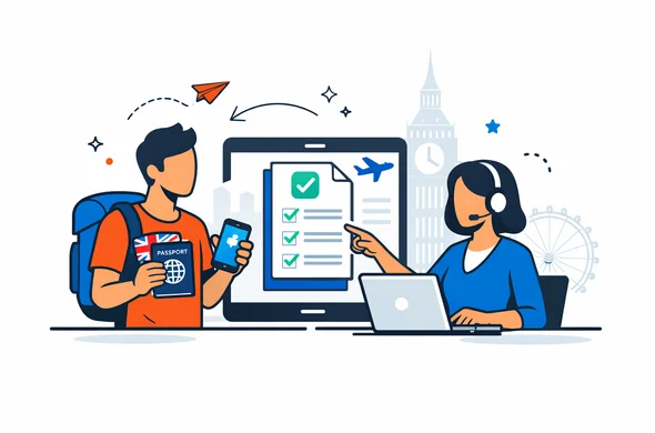 Flat or semi-flat vector illustration, clean lines, modern tech feel, 2D or light isometric style, deep blue and turquoise primary colors with United Kingdom accent red, abstract faceless traveler and digital assistant reviewing a passport, smartphone and online ETA application together, calm organized efficient safe atmosphere, minimalist white and light grey background, faint silhouette of Big Ben and London skyline, neutral skin tones, no text, no watermark, not photorealistic Flat or semi-flat vector illustration, clean lines, modern tech feel, 2D or light isometric style, deep blue and turquoise primary colors with United Kingdom accent red, abstract faceless traveler and digital assistant reviewing a passport, smartphone and online ETA application together, calm organized efficient safe atmosphere, minimalist white and light grey background, faint silhouette of Big Ben and London skyline, neutral skin tones, no text, no watermark, not photorealistic